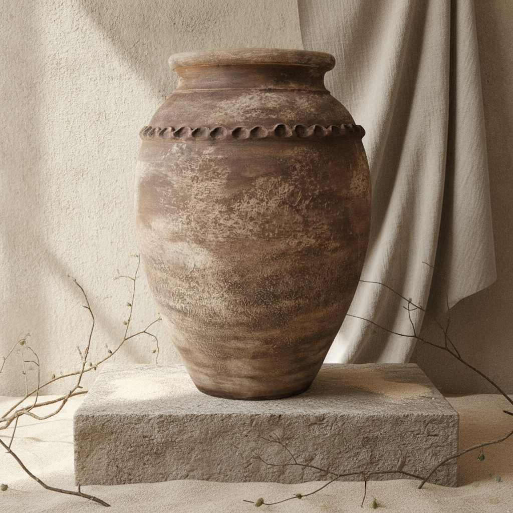 Rustikale braune Terrakotta-Vase mit verwitterter Textur und dekorativem Band