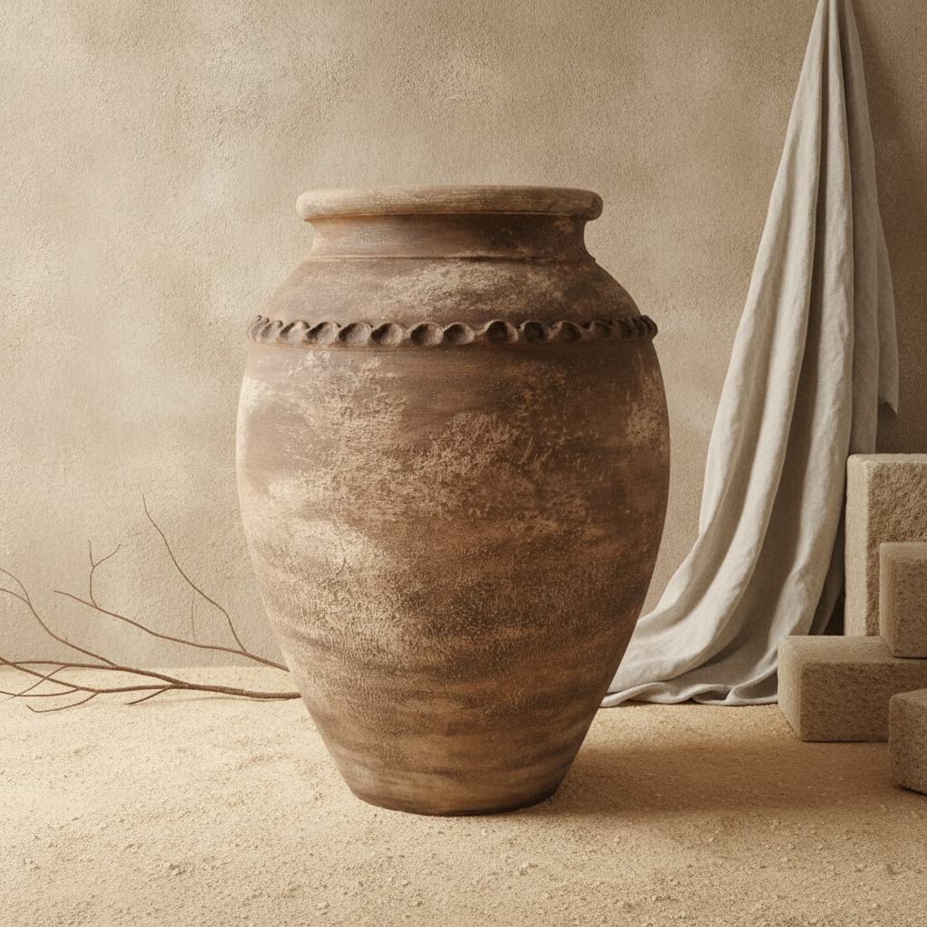 Rustikale braune Terrakotta-Vase mit verwitterter Textur und dekorativem Band