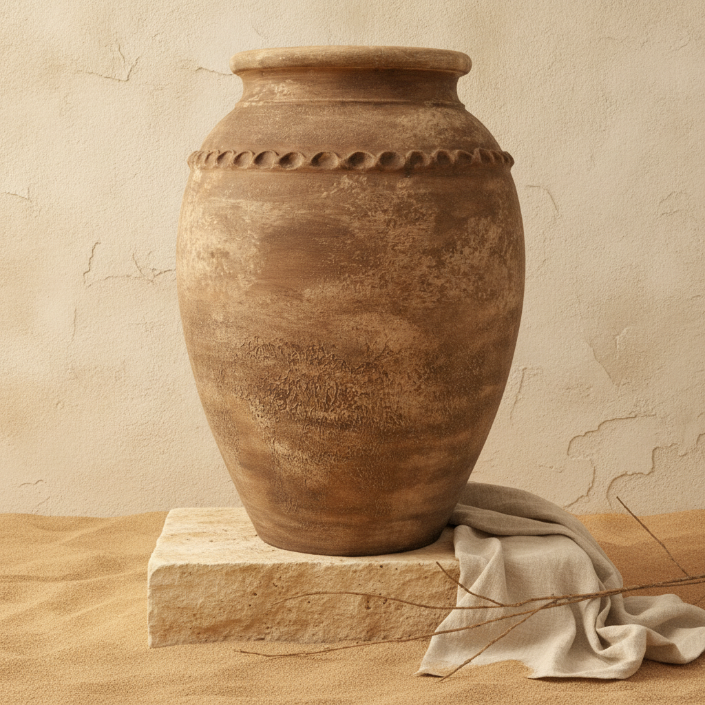 Rustikale braune Terrakotta-Vase mit verwitterter Textur und dekorativem Band