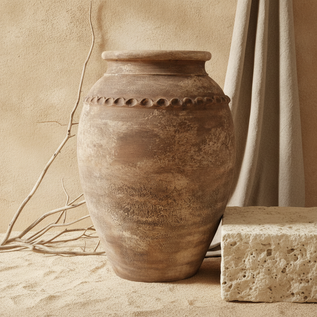 Rustikale braune Terrakotta-Vase mit verwitterter Textur und dekorativem Band