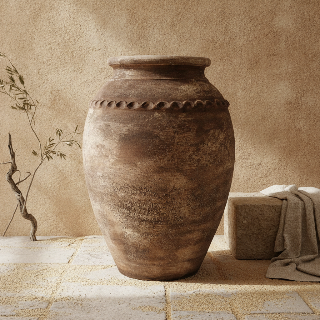Rustikale braune Terrakotta-Vase mit verwitterter Textur und dekorativem Band