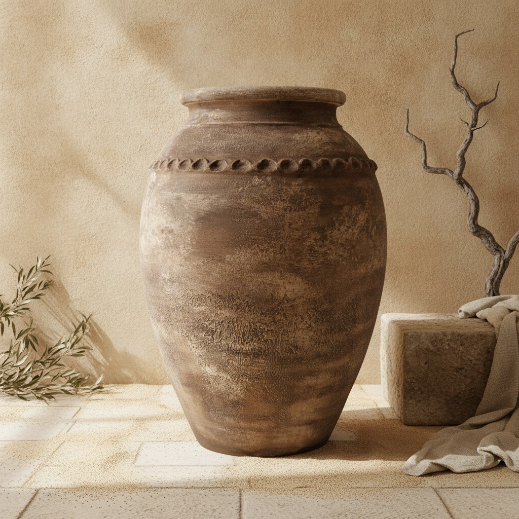 Rustikale braune Terrakotta-Vase mit verwitterter Textur und dekorativem Band