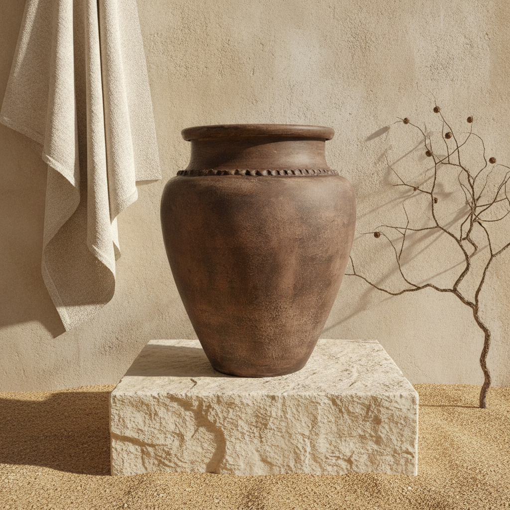 Rustikale dunkelbraune Terrakotta-Vase mit abgerundetem Körper und Struktur