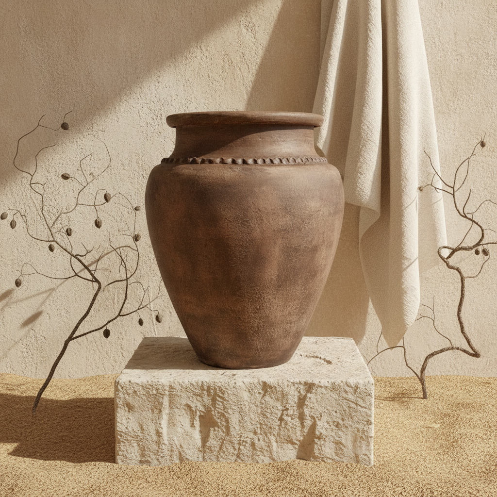 Rustikale dunkelbraune Terrakotta-Vase mit abgerundetem Körper und Struktur