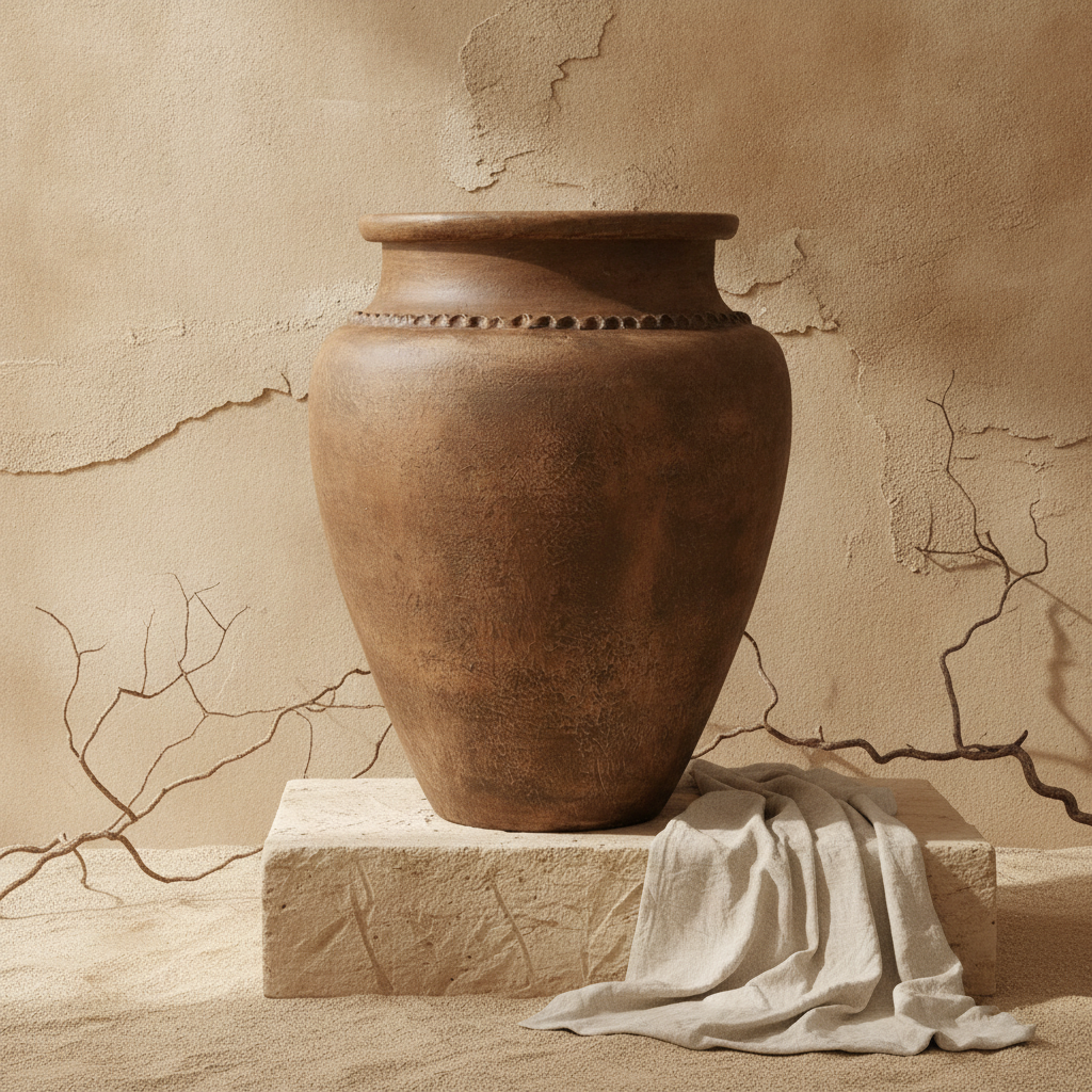 Rustikale dunkelbraune Terrakotta-Vase mit abgerundetem Körper und Struktur