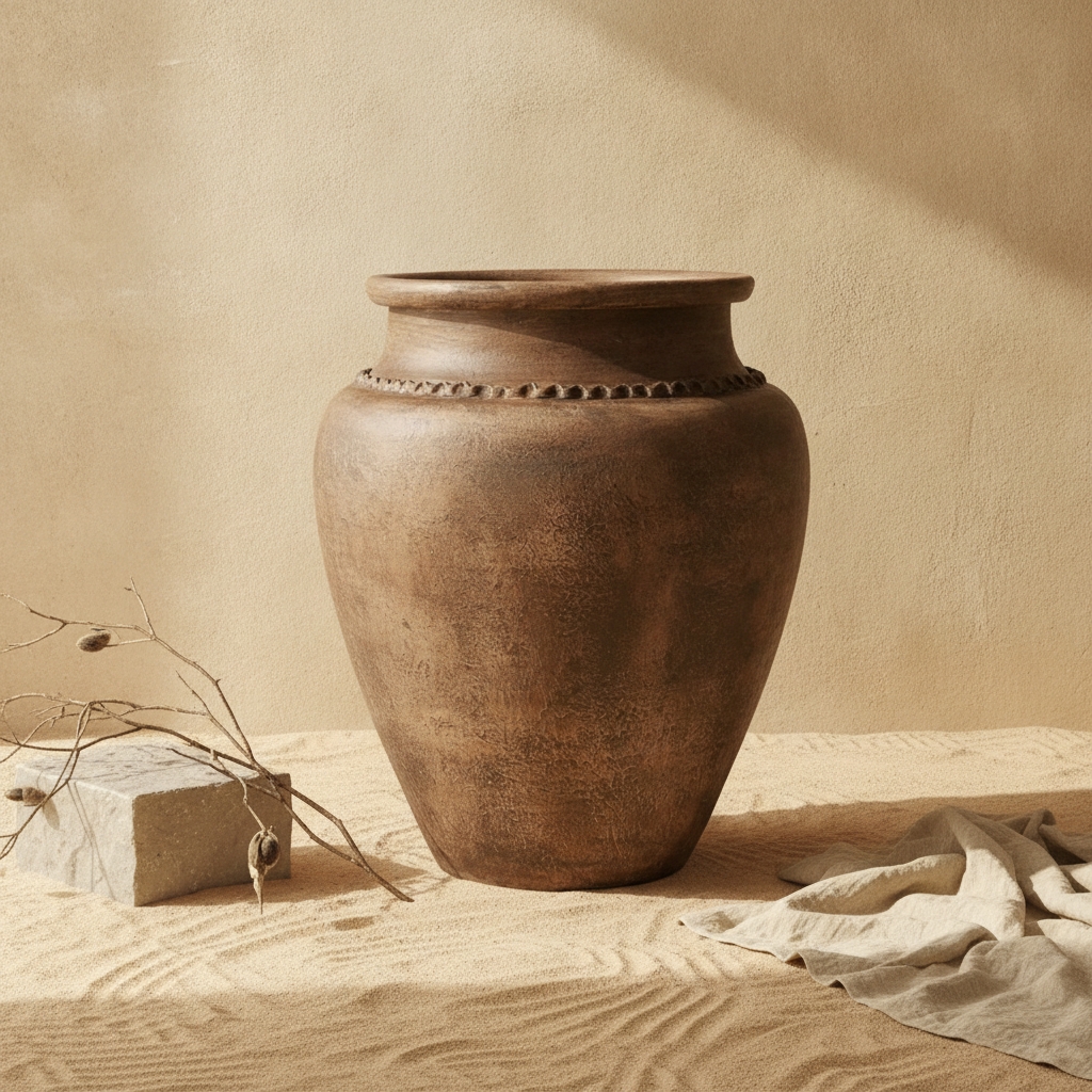 Rustikale dunkelbraune Terrakotta-Vase mit abgerundetem Körper und Struktur