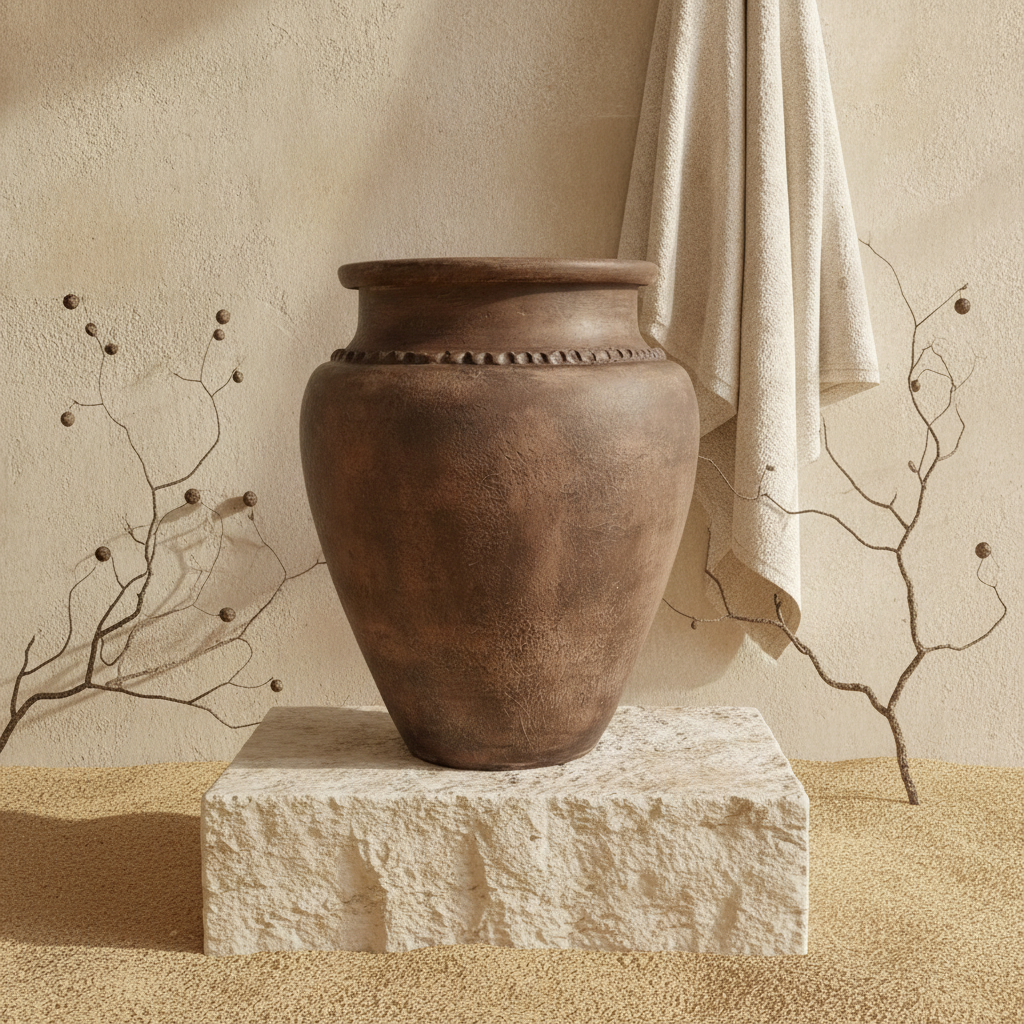 Rustikale dunkelbraune Terrakotta-Vase mit abgerundetem Körper und Struktur