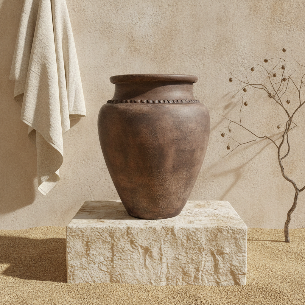 Rustikale dunkelbraune Terrakotta-Vase mit abgerundetem Körper und Struktur