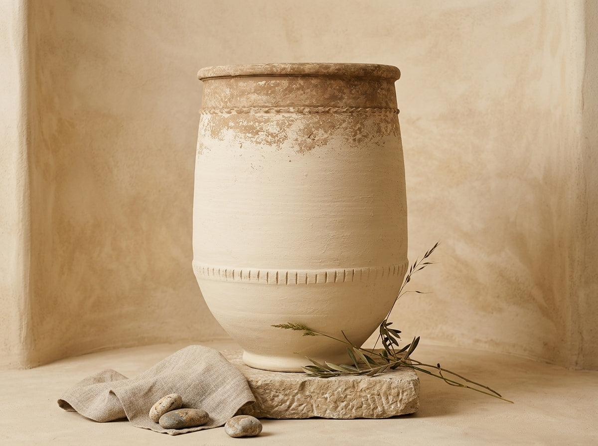 Vase rustique en terre cuite beige avec bandes texturées et finition vieillie