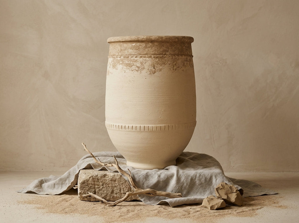 Rustic Beige Terracotta Vase with Textured Bands and Aged Finish