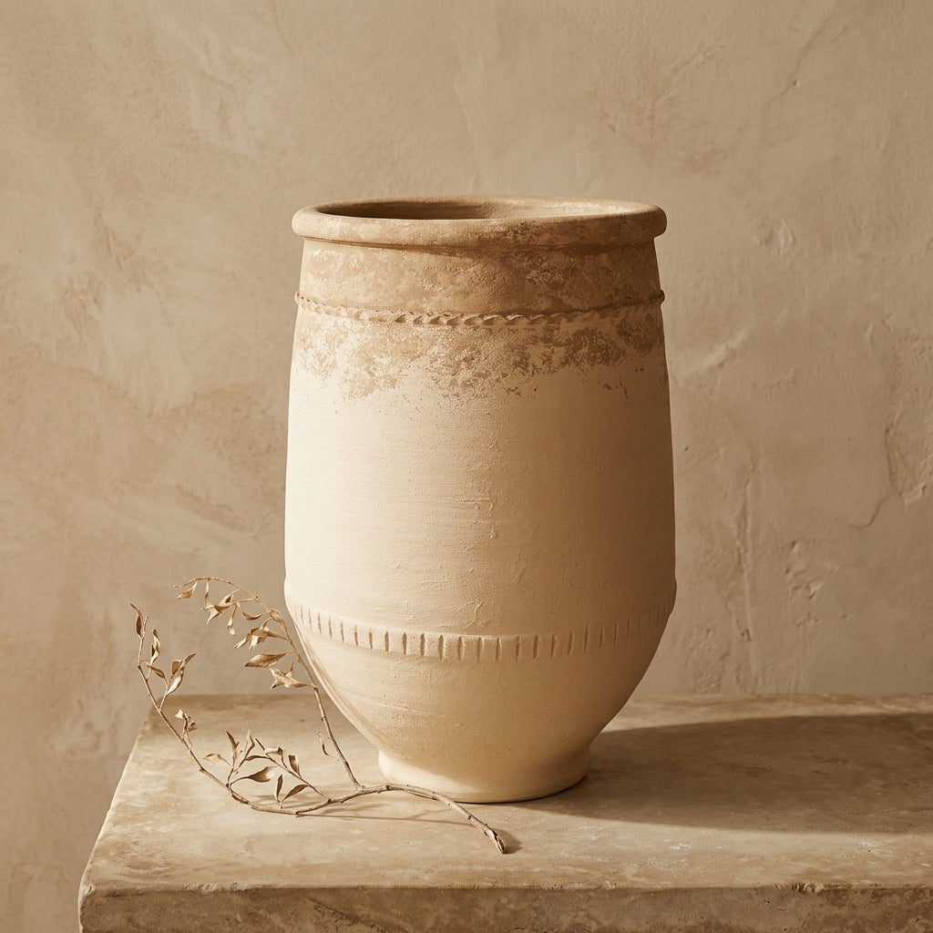 Vase rustique en terre cuite beige avec bandes texturées et finition vieillie