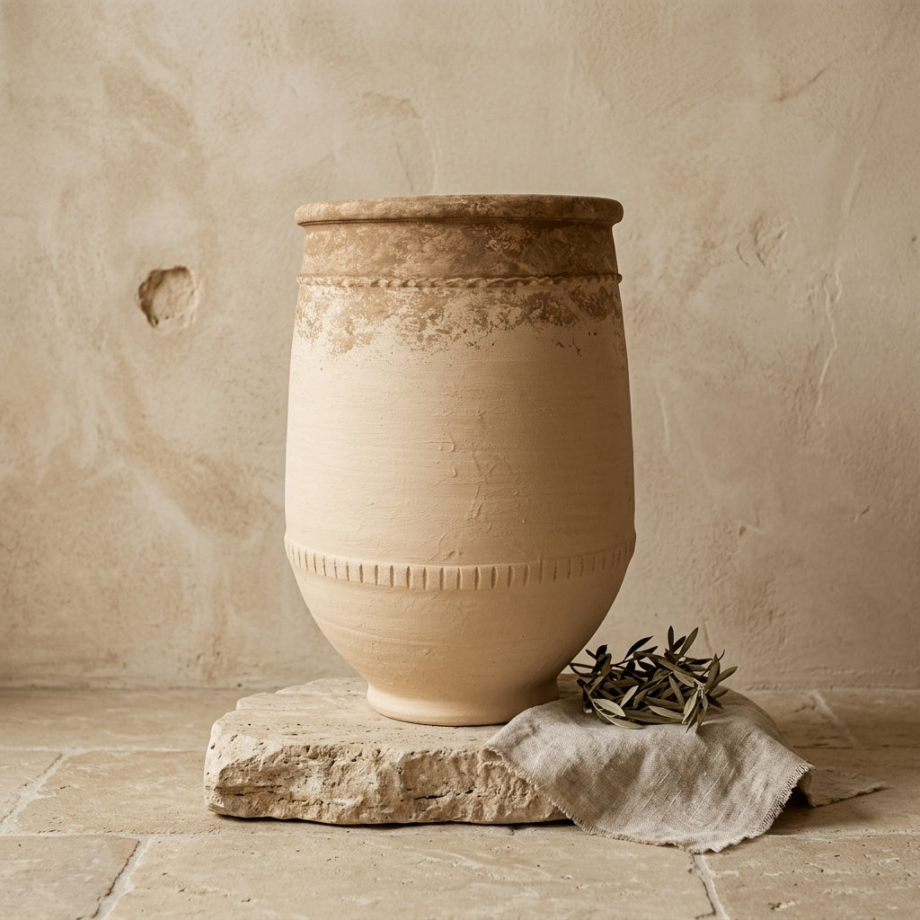 Vase rustique en terre cuite beige avec bandes texturées et finition vieillie