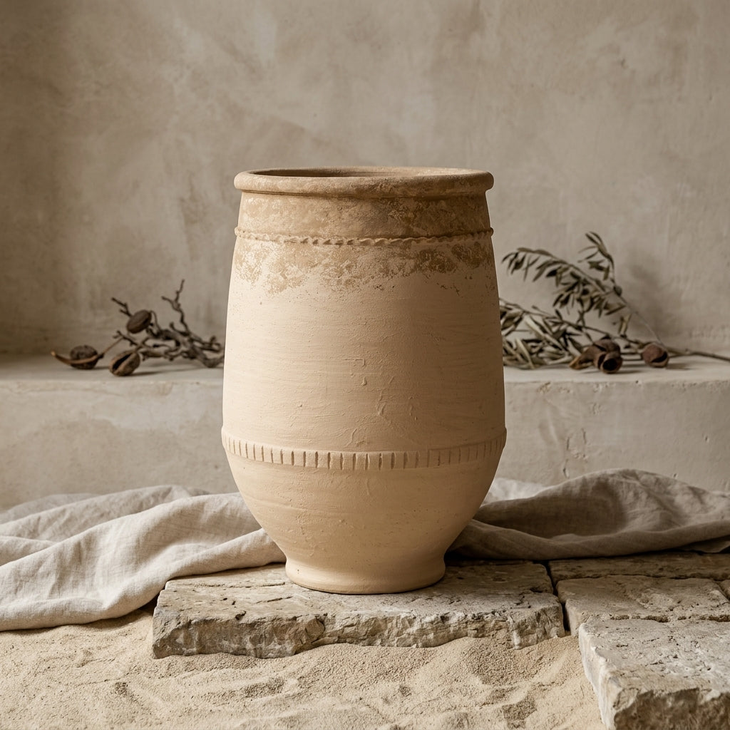 Rustic Beige Terracotta Vase with Textured Bands and Aged Finish