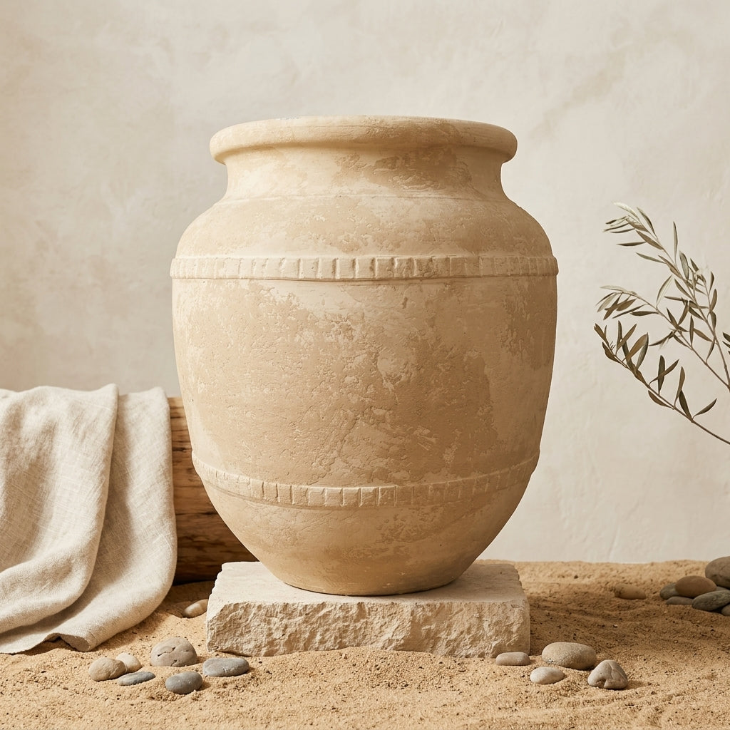 Rustikale sandbeige Terrakotta-Vase mit erhabenen, strukturierten Dekorstreifen