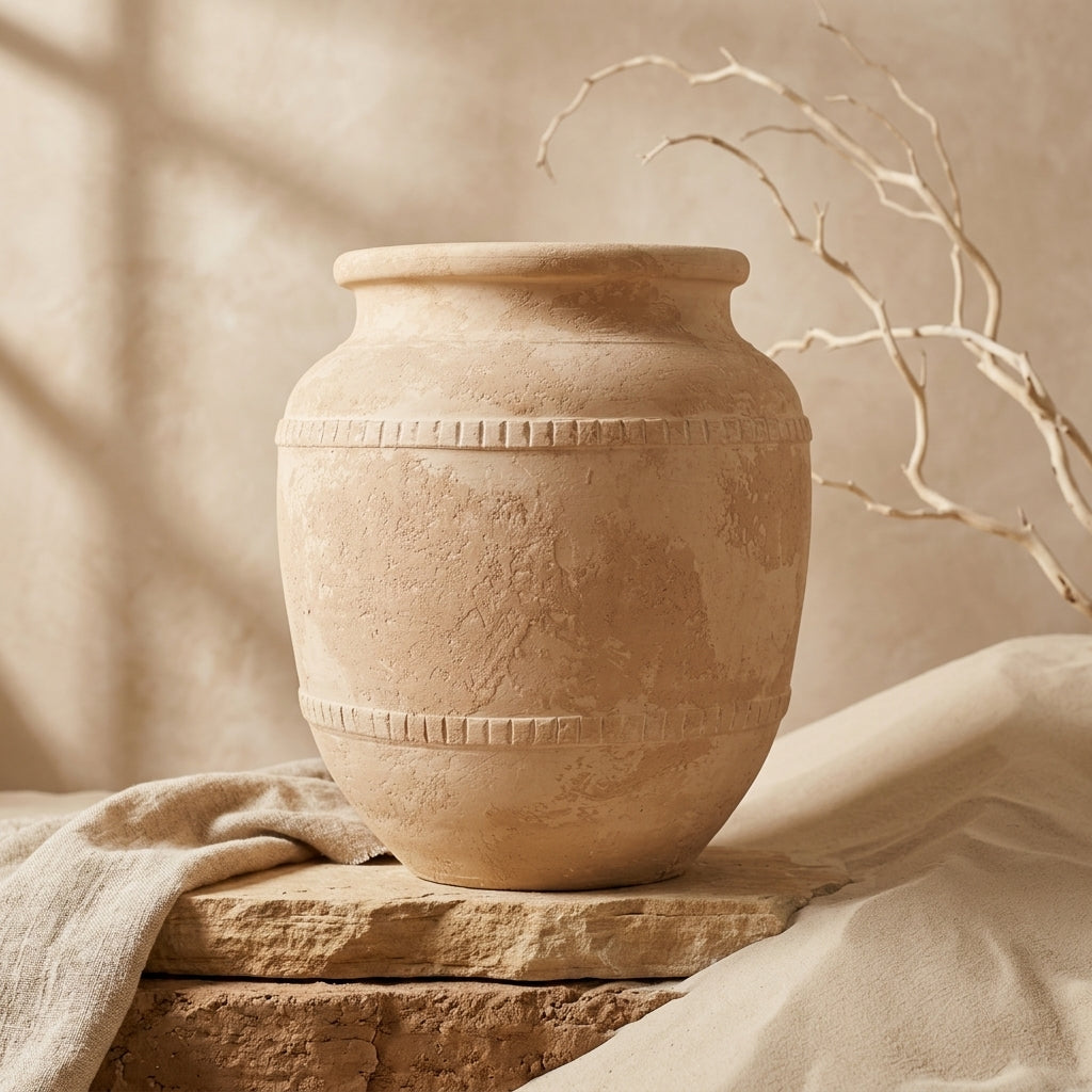 Vase rustique en terre cuite beige sable avec bandes décoratives en relief texturées