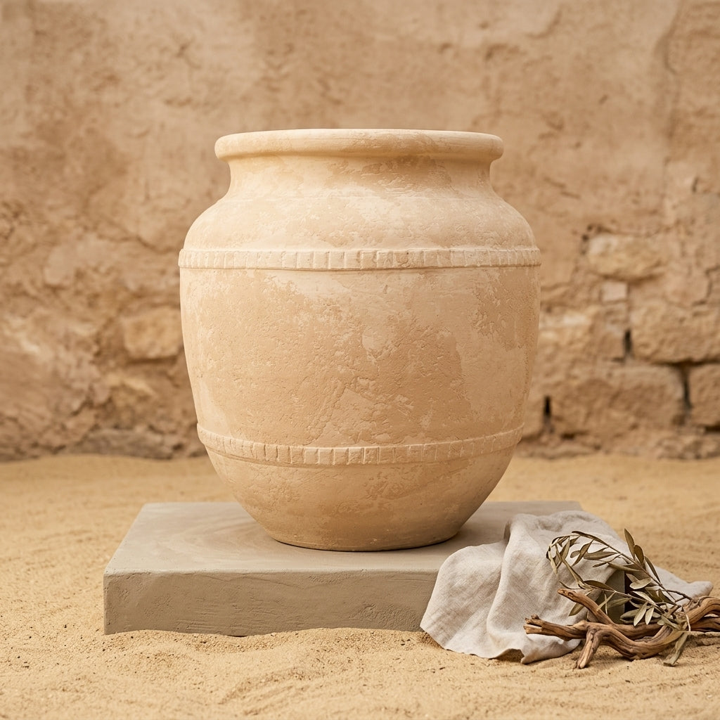 Vase rustique en terre cuite beige sable avec bandes décoratives en relief texturées