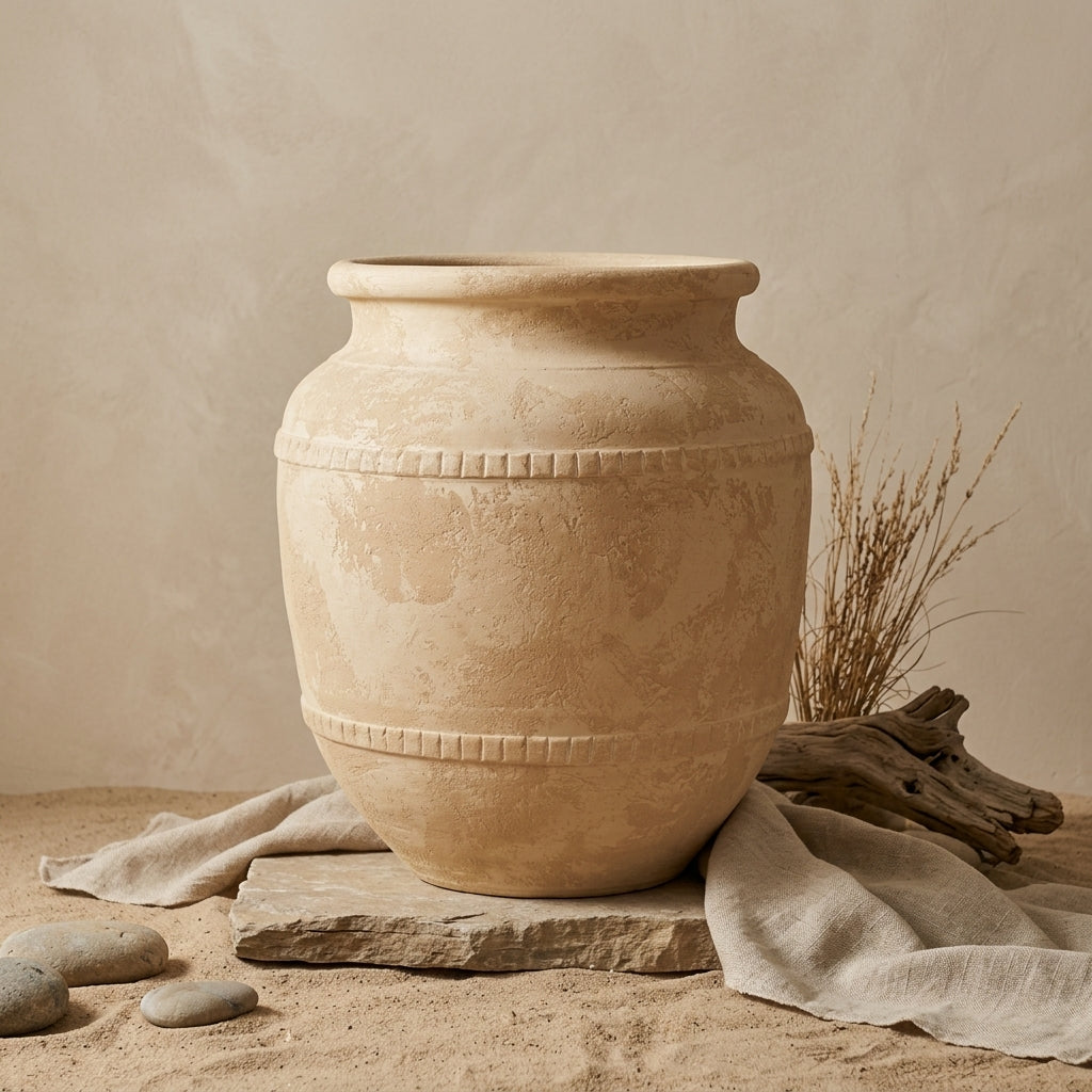 Rustikale sandbeige Terrakotta-Vase mit erhabenen, strukturierten Dekorstreifen