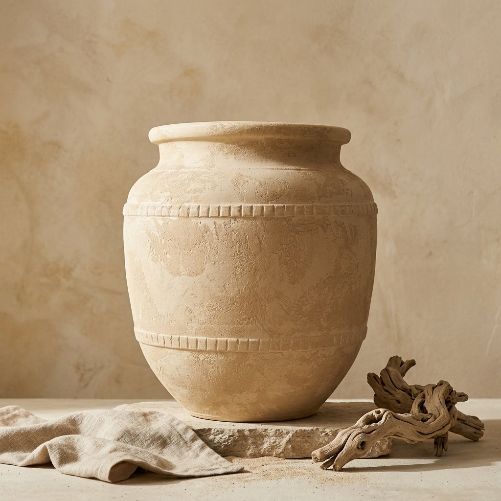 Rustikale sandbeige Terrakotta-Vase mit erhabenen, strukturierten Dekorstreifen