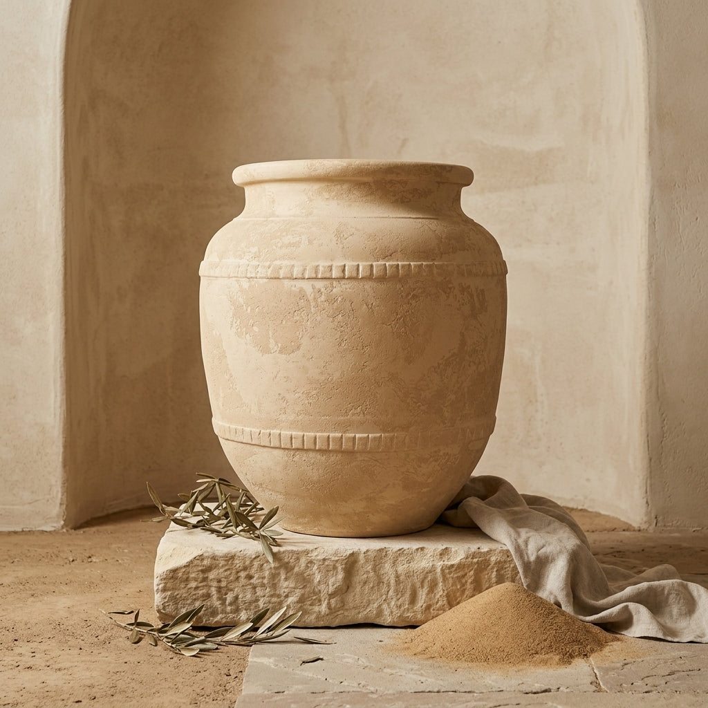 Rustikale sandbeige Terrakotta-Vase mit erhabenen, strukturierten Dekorstreifen