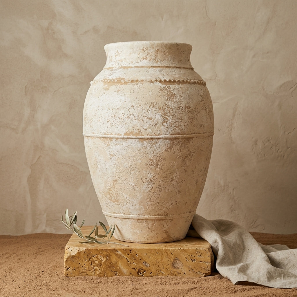 Vase de sol rustique en terre cuite beige avec finition texturée et bandes en relief