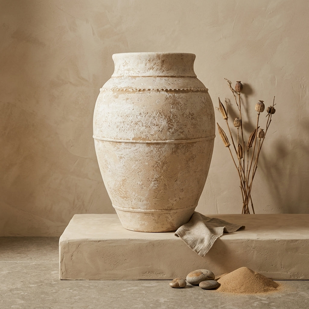 Rustikale beige Terrakotta-Bodenvase mit strukturierter Oberfläche und erhabenen Ringen