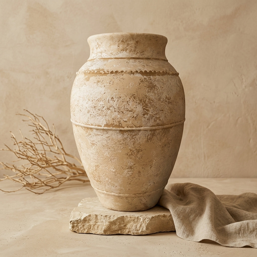 Rustikale beige Terrakotta-Bodenvase mit strukturierter Oberfläche und erhabenen Ringen