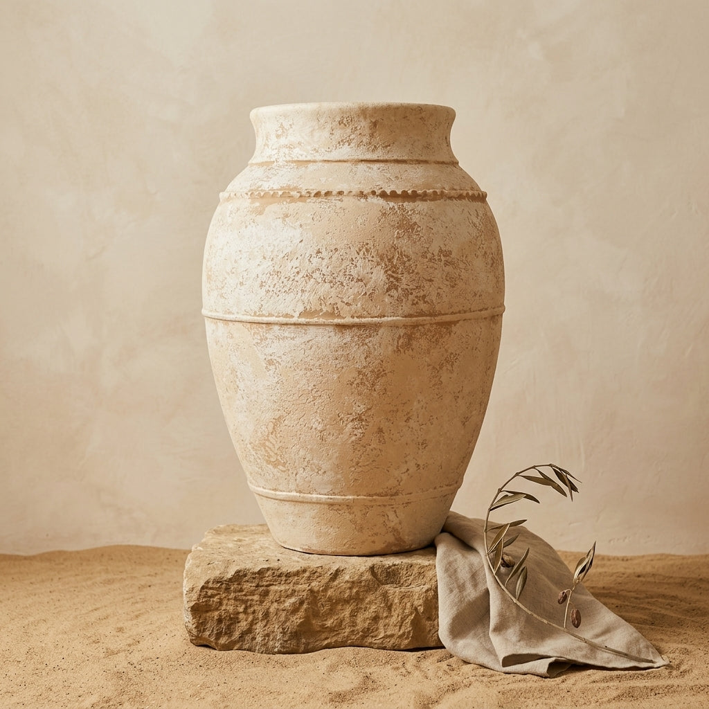 Vase de sol rustique en terre cuite beige avec finition texturée et bandes en relief