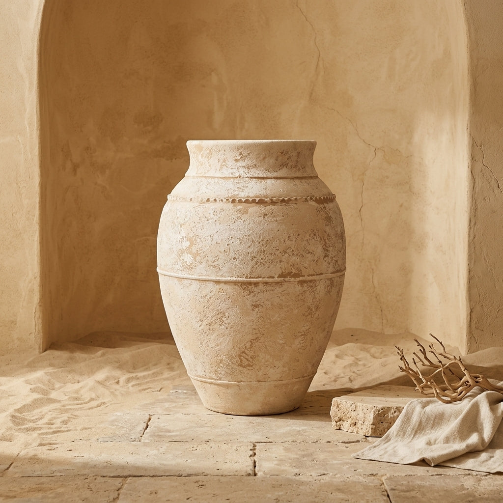 Rustikale beige Terrakotta-Bodenvase mit strukturierter Oberfläche und erhabenen Ringen