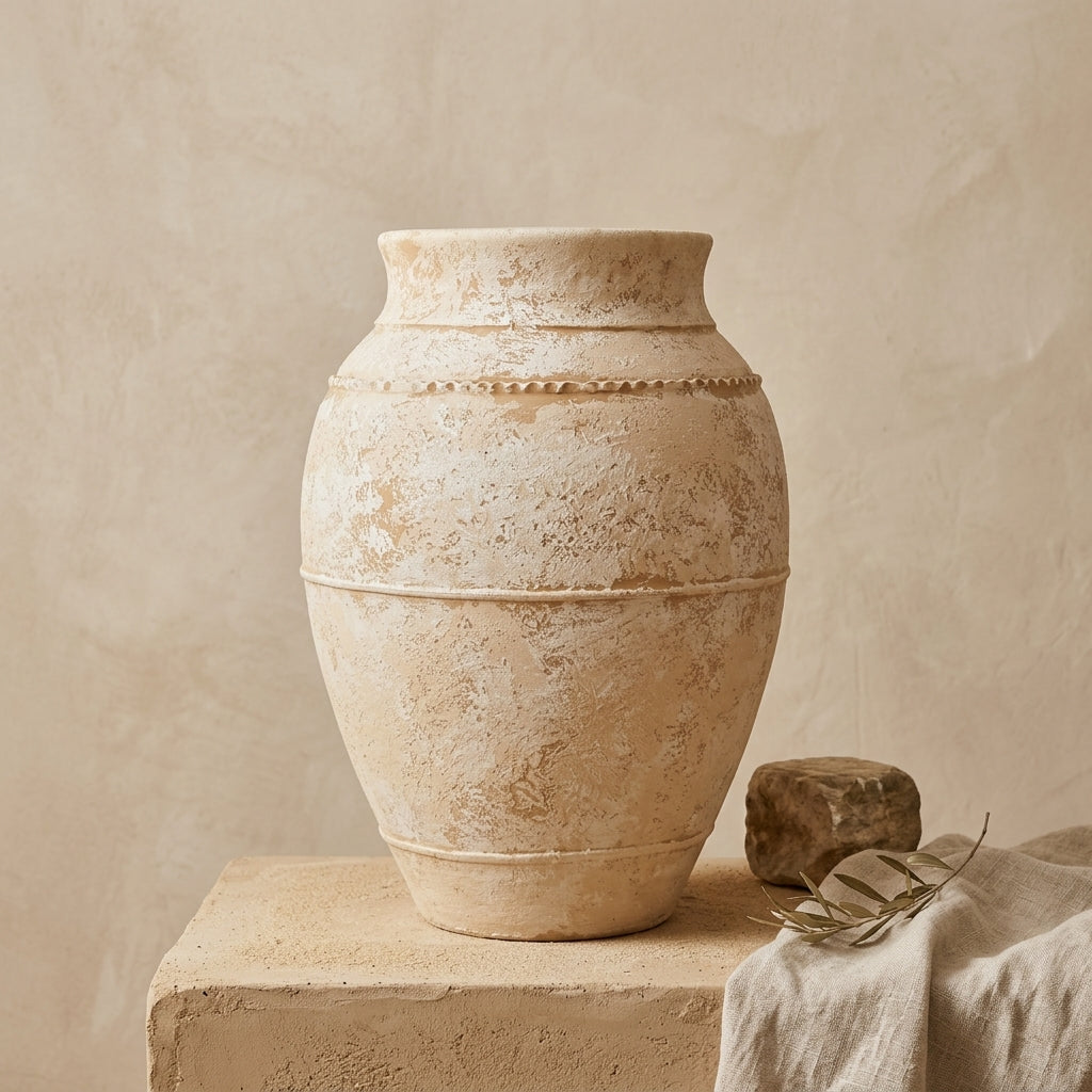 Rustikale beige Terrakotta-Bodenvase mit strukturierter Oberfläche und erhabenen Ringen