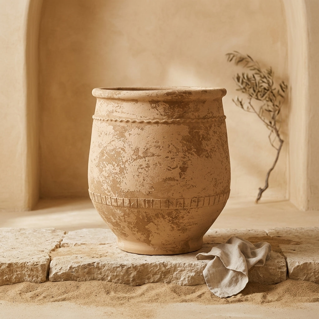 Vase rustique en terre cuite beige avec texture vieillie et bandes décoratives