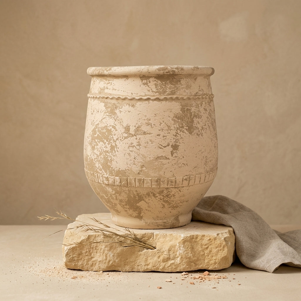 Jarrón rústico de terracota beige con textura envejecida y bandas decorativas