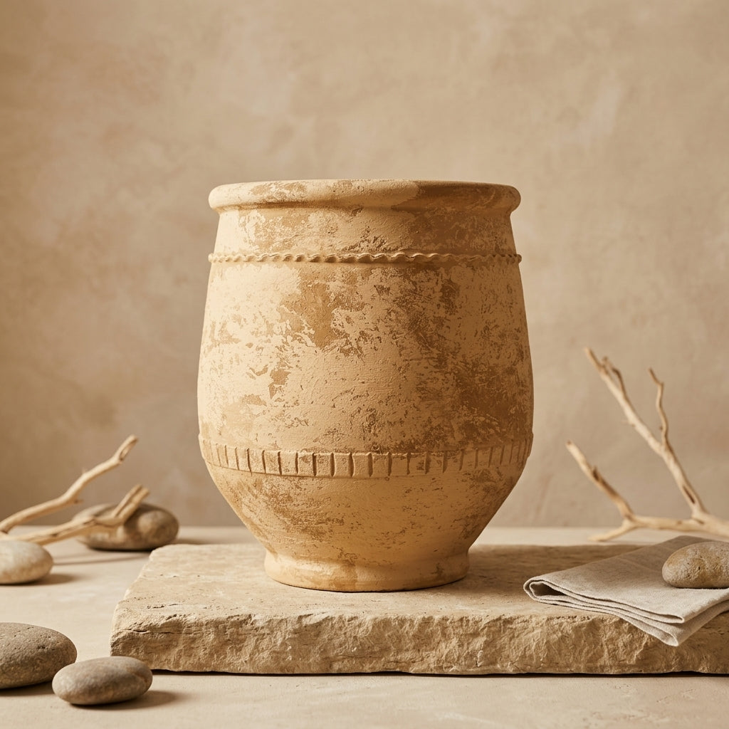 Jarrón rústico de terracota beige con textura envejecida y bandas decorativas
