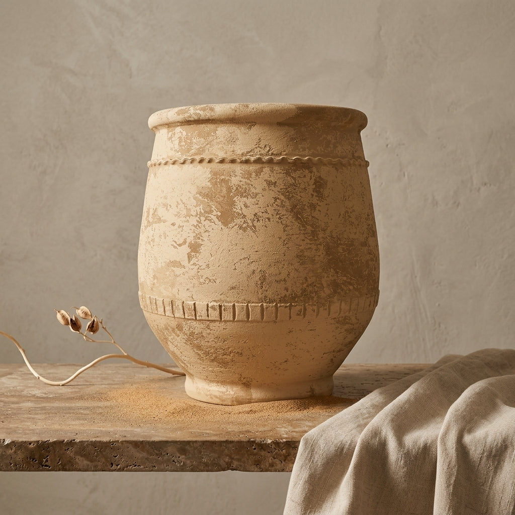 Jarrón rústico de terracota beige con textura envejecida y bandas decorativas