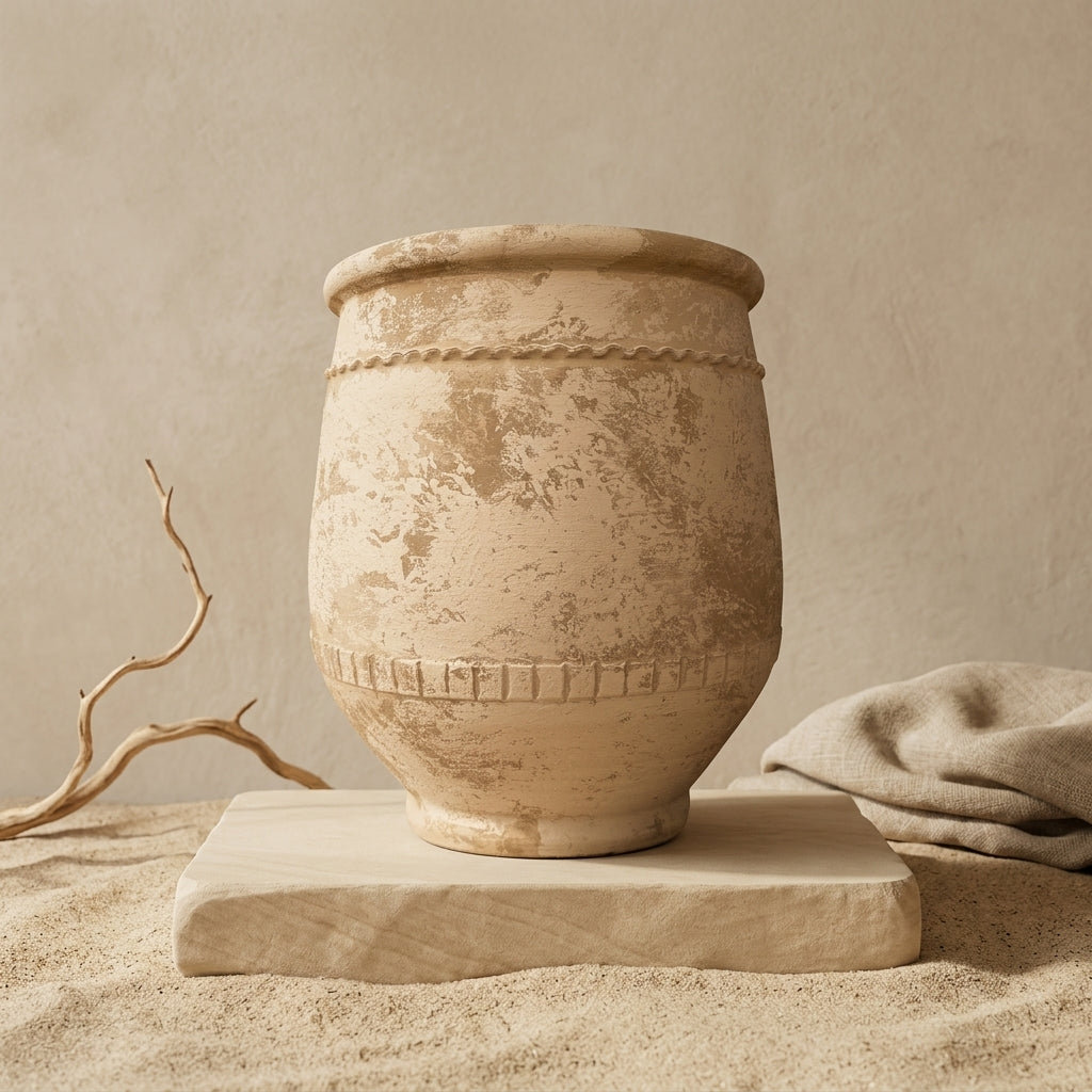 Jarrón rústico de terracota beige con textura envejecida y bandas decorativas