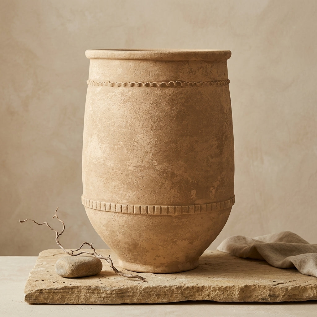 Vaso rustico in terracotta marrone con finitura materica e fasce decorative