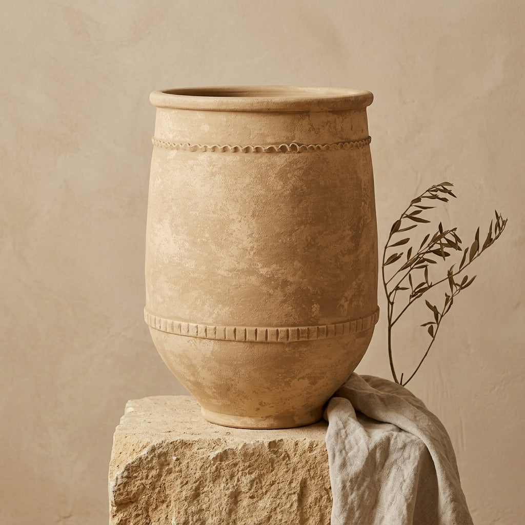 Vase rustique en terre cuite brune avec finition texturée et bandes décoratives