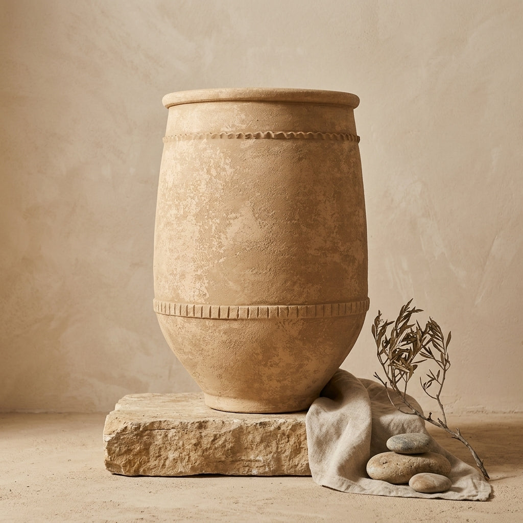 Vase rustique en terre cuite brune avec finition texturée et bandes décoratives