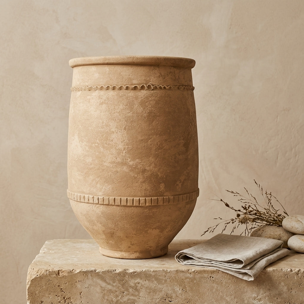 Vaso rustico in terracotta marrone con finitura materica e fasce decorative