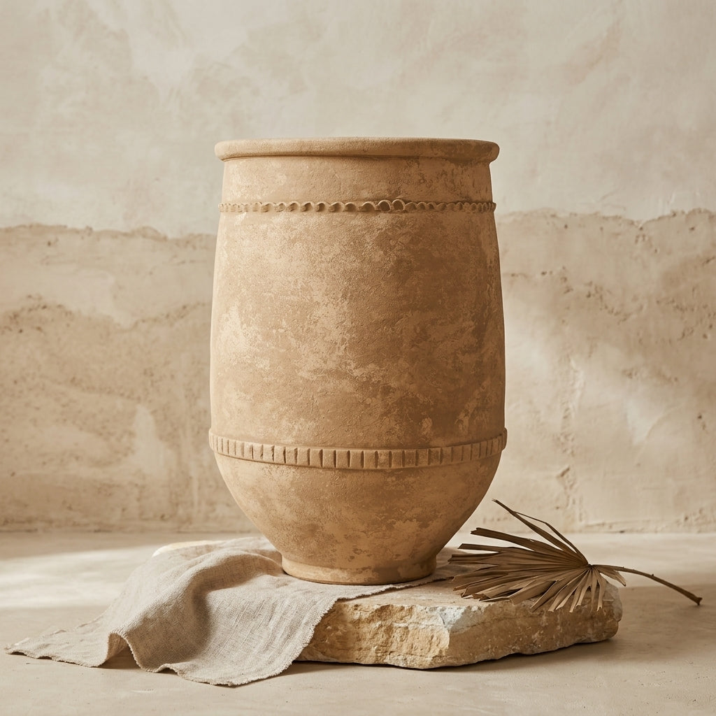 Vaso rustico in terracotta marrone con finitura materica e fasce decorative
