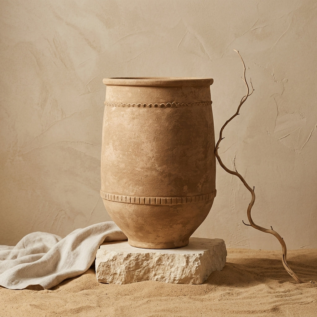 Vaso rustico in terracotta marrone con finitura materica e fasce decorative