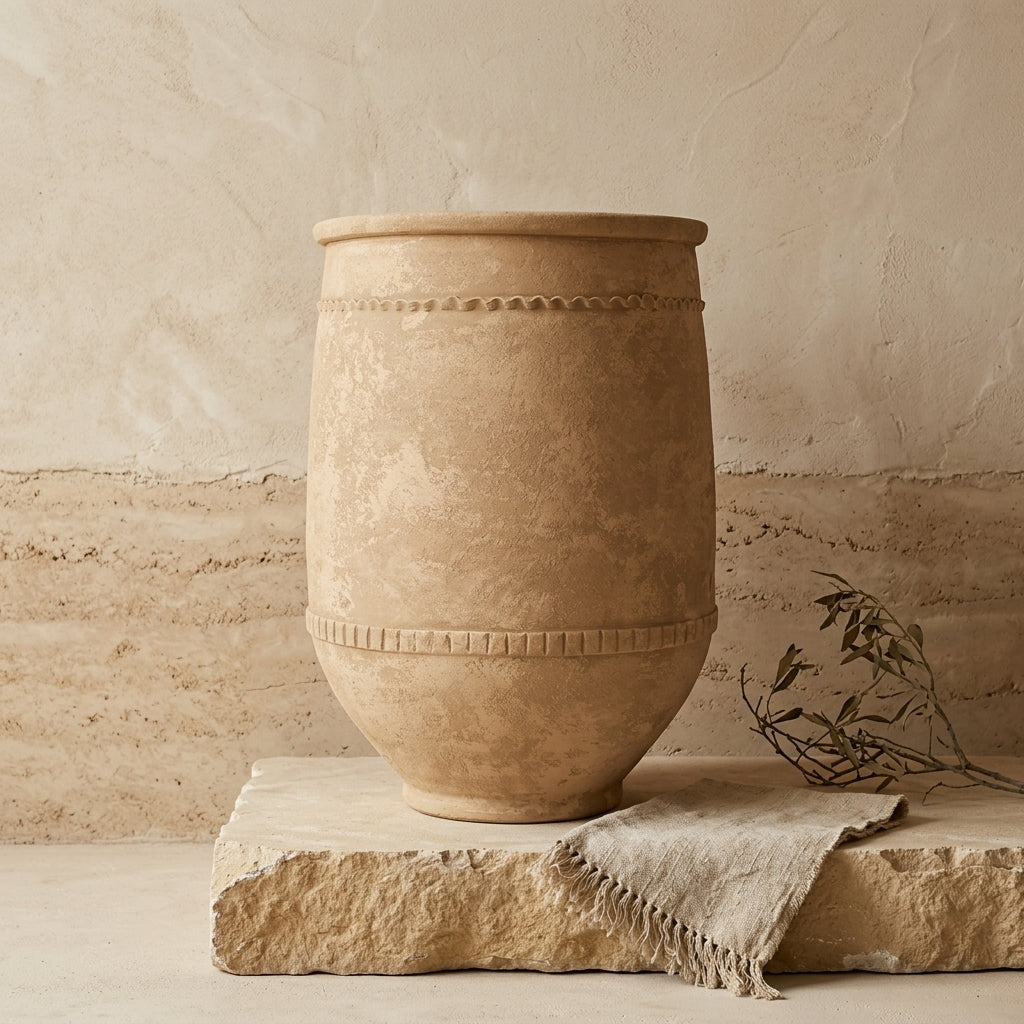 Vaso rustico in terracotta marrone con finitura materica e fasce decorative