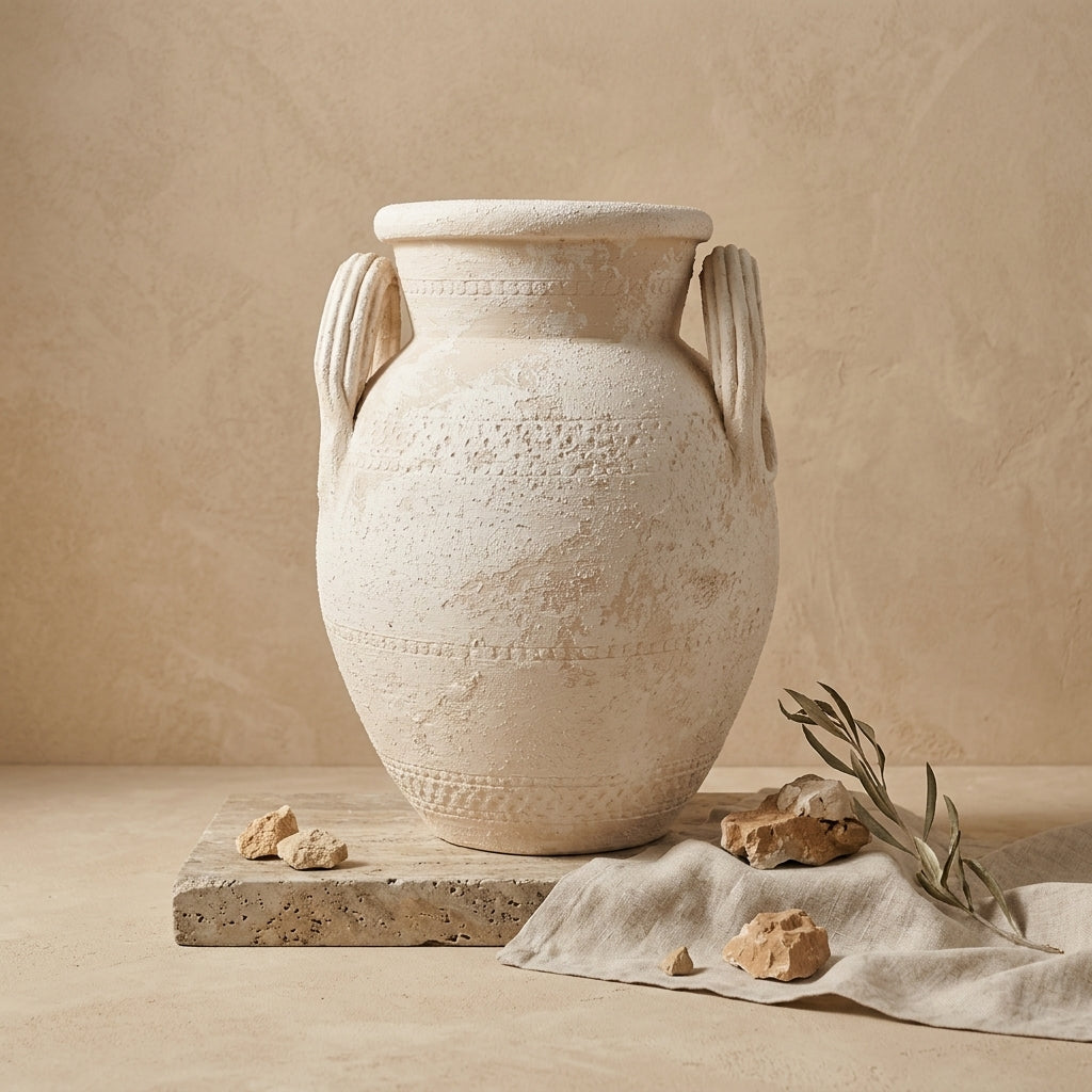 Jarrón de terracota texturizado color marfil con dos asas y acabado rústico