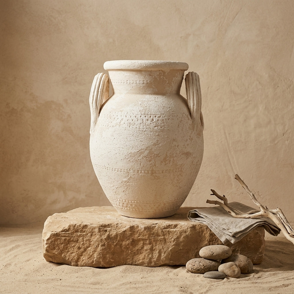 Jarrón de terracota texturizado color marfil con dos asas y acabado rústico