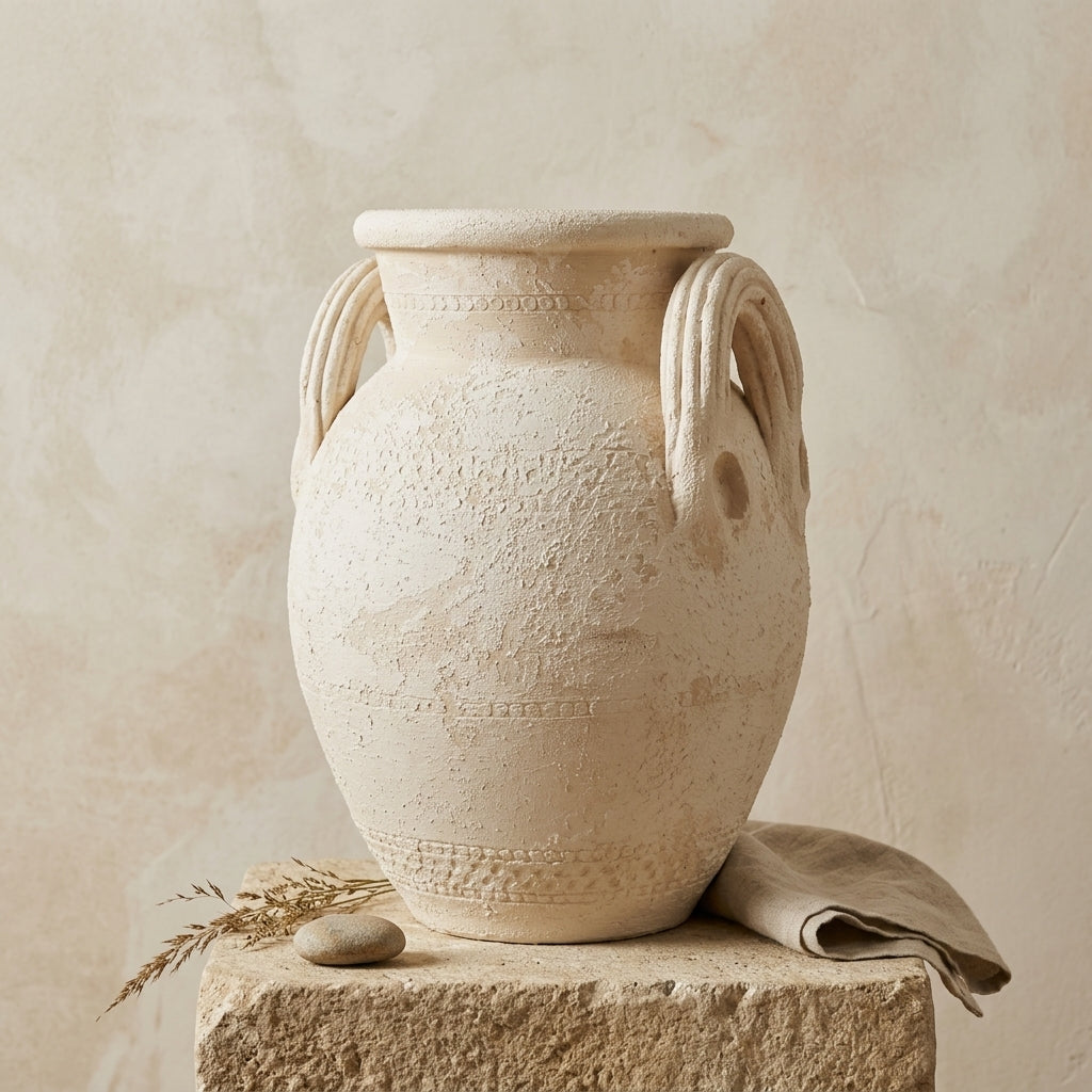 Jarrón de terracota texturizado color marfil con dos asas y acabado rústico