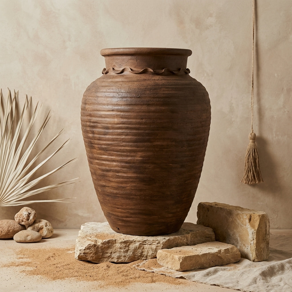 Grote rustieke bruine terracotta bloempot met geribde textuur en decoratieve rand