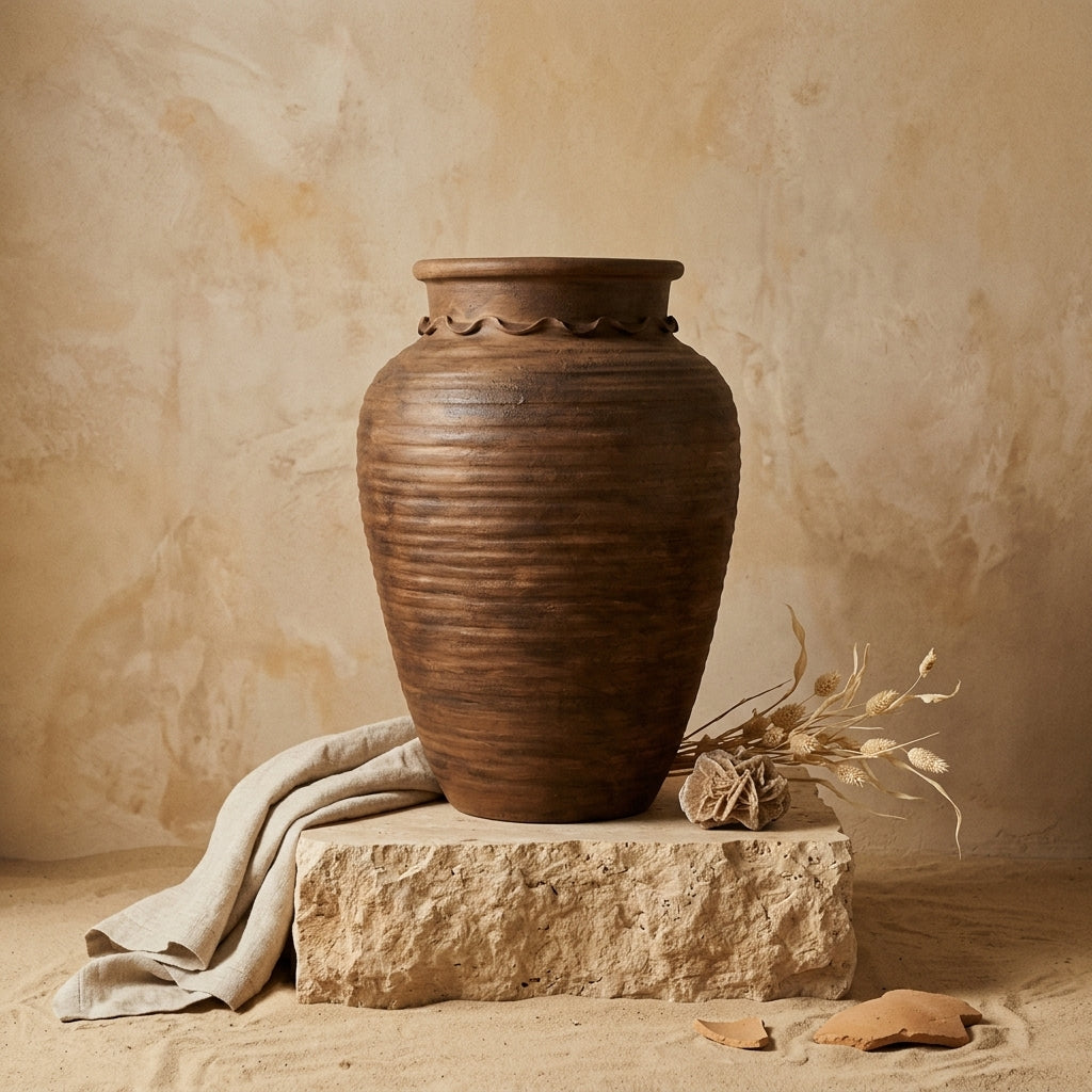 Grand pot en terre cuite marron rustique avec texture côtelée et bord décoratif