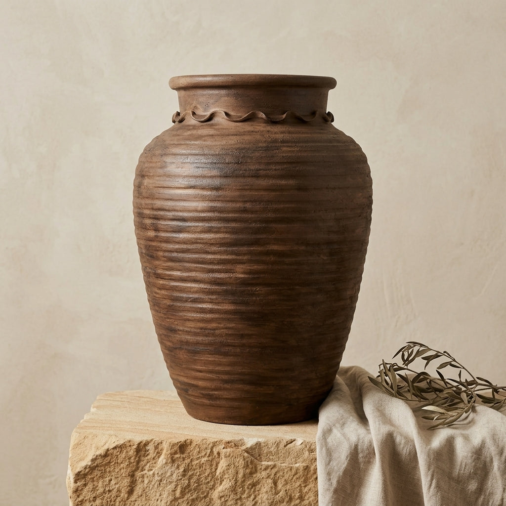 Grand pot en terre cuite marron rustique avec texture côtelée et bord décoratif