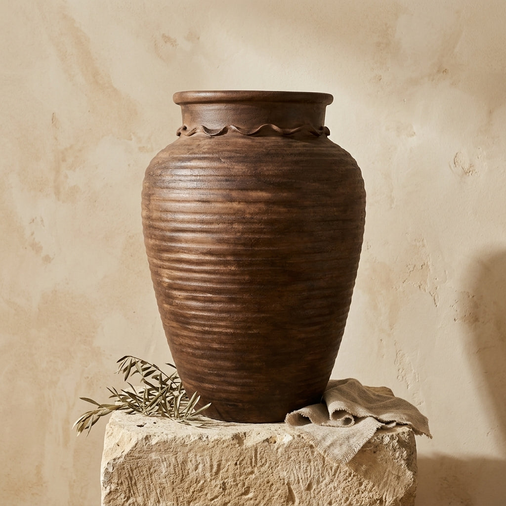 Grote rustieke bruine terracotta bloempot met geribde textuur en decoratieve rand