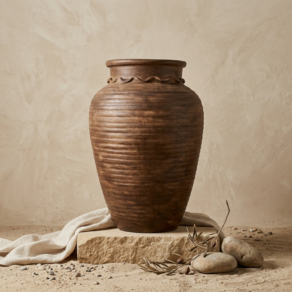 Grote rustieke bruine terracotta bloempot met geribde textuur en decoratieve rand