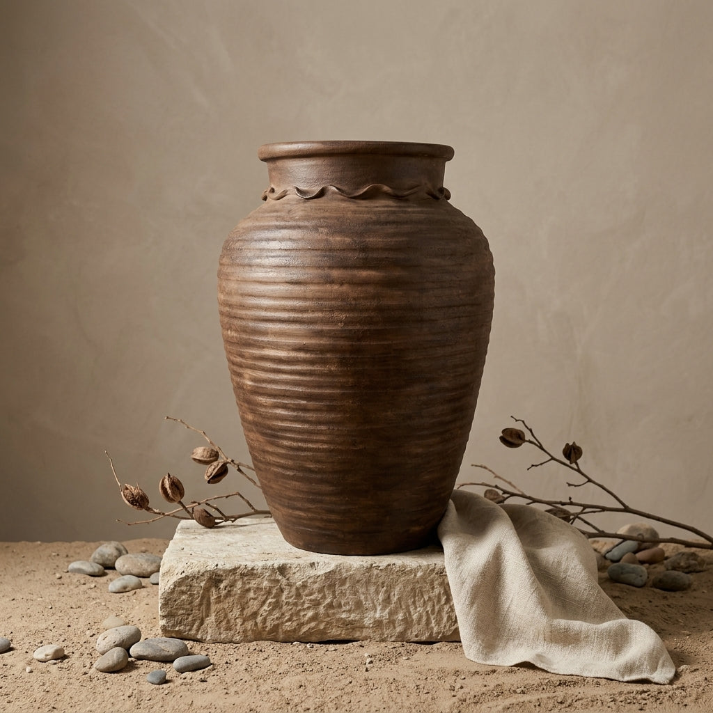 Grote rustieke bruine terracotta bloempot met geribde textuur en decoratieve rand